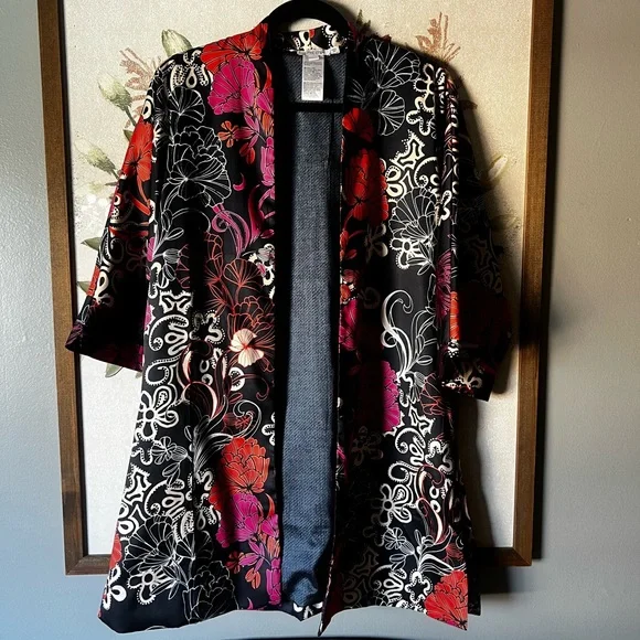 Chico's Black and Red Floral Kimono - Picture 1 of 3